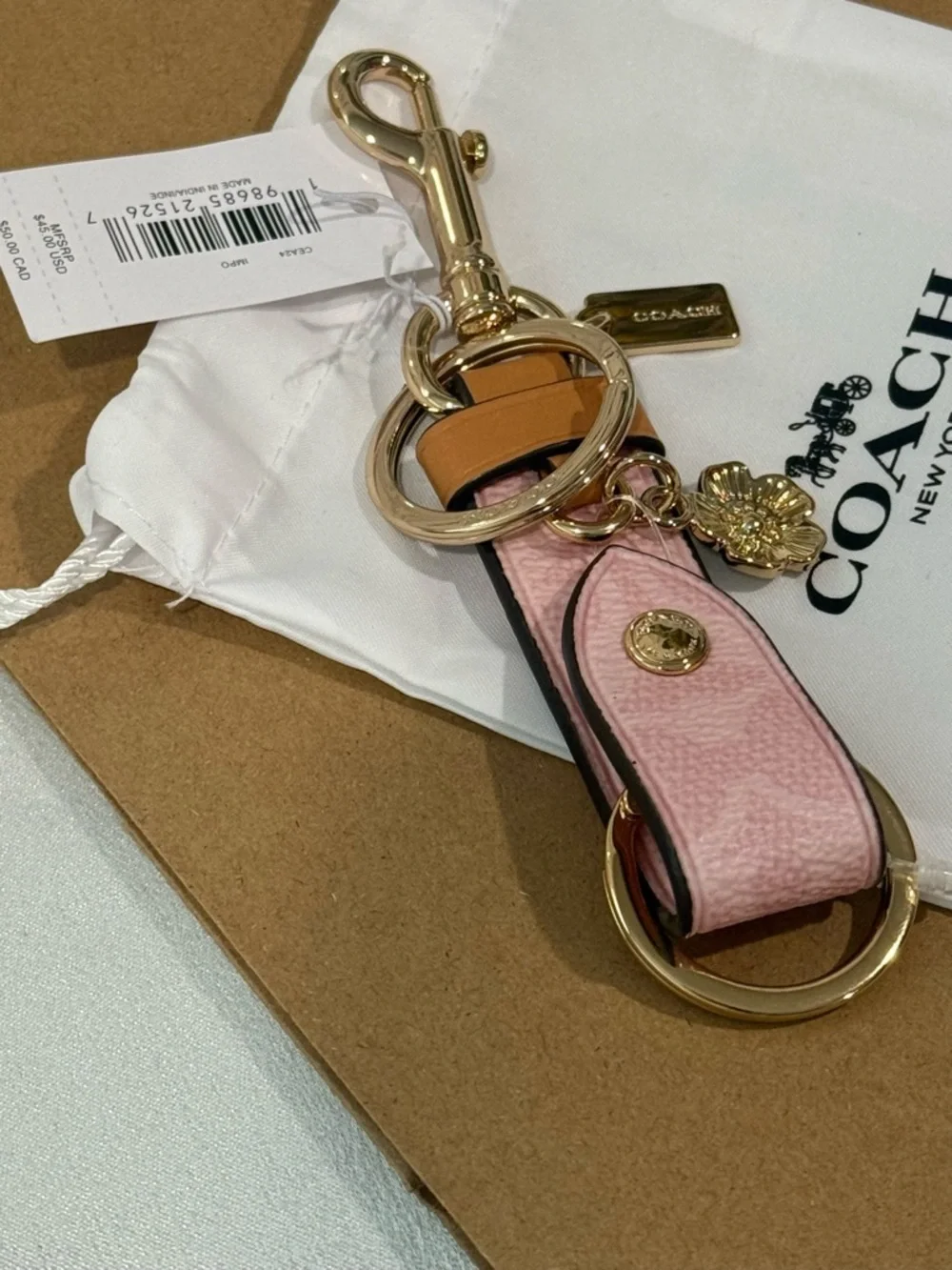 Coach Trigger Snap Bag Charm in Powder Pink Signature Canvas with Tea Rose NWT - Picture 4 of 5
